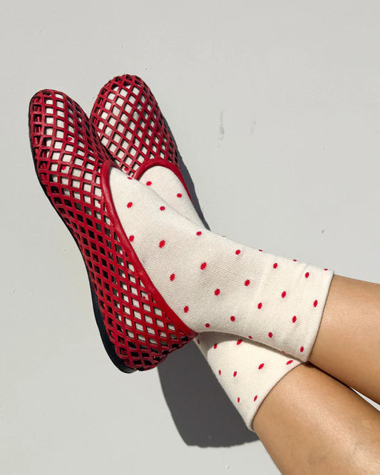 Le Bon Shoppe Patterned Sneaker Sock - Cream/Red Polka Dot