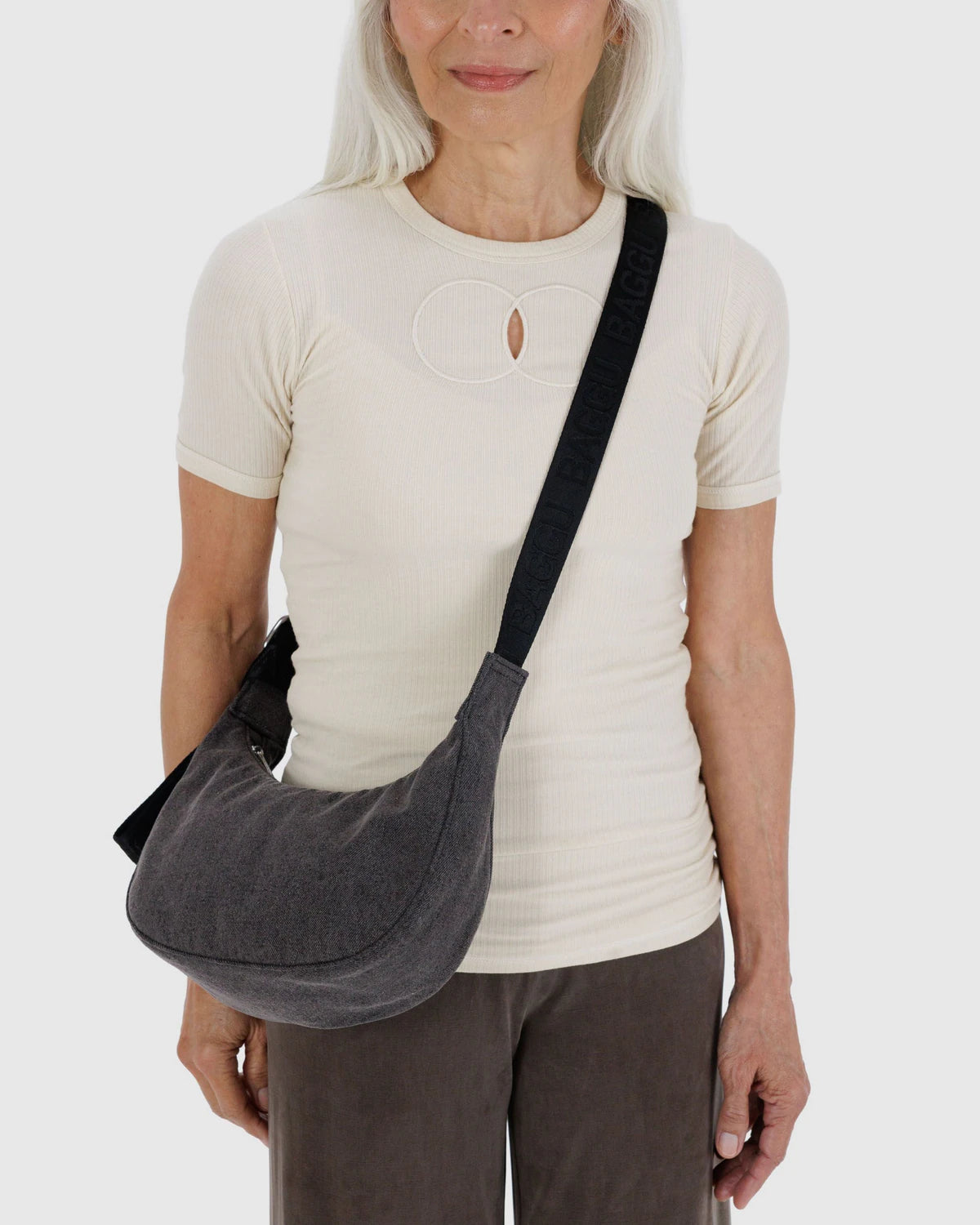 Baggu Small Denim Crescent Bag - Washed Black Denim